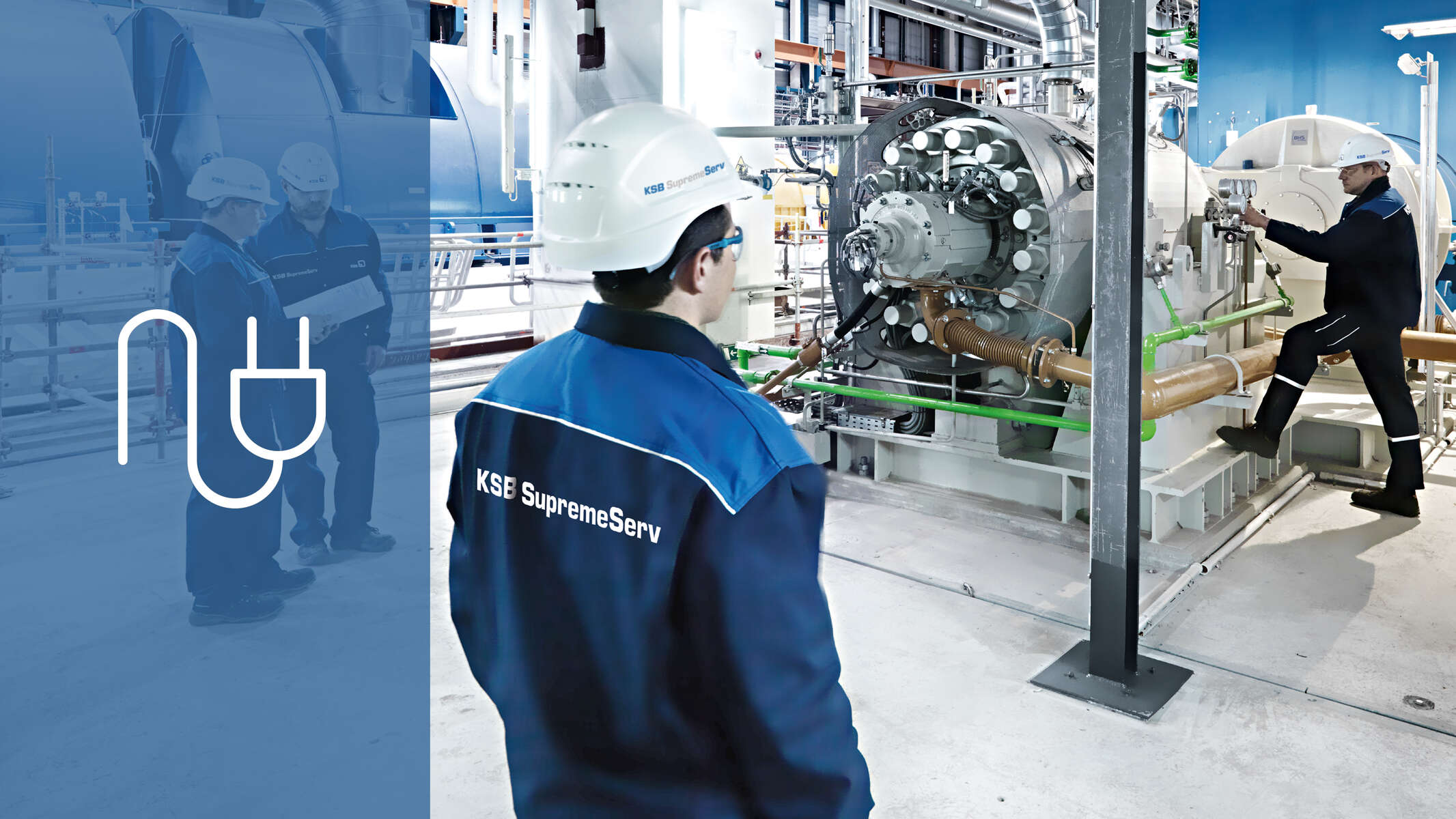 Técnicos de servicio de KSB en una central eléctrica durante la puesta en servicio de una bomba de alimentación de caldera