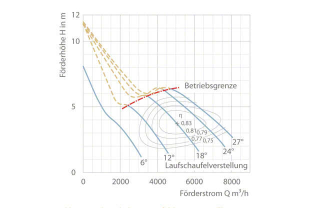 Abb. 3 Betriebsverhalten: Kennfeld einer verstellbaren Propellerpumpe mit Betriebsgrenze