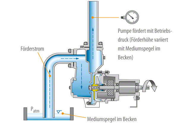 Abb. 5 Selbstansaugende Pumpe: Kreiselpumpe mit zwei Gehäusekammern: Förderbetrieb