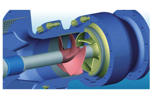 Abb. 1 Vorsatzläufer: Vorsatzläufer (in Rot) vor der ersten Pumpenstufe einer Unterwassermotorpumpe