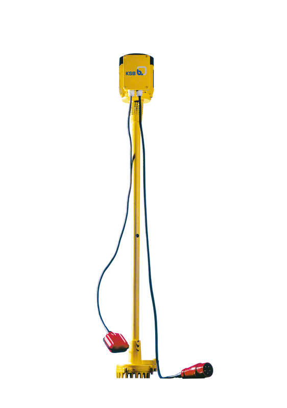 Fig. 1 Vertical shaft submersible pump: Waste water pump with level control; pump and motor rigidly connected by support column Abb. 1 Wellentauchpumpe: Schmutzwasserpumpe mit Niveauschaltung, Pumpe und Motor starr über Tragrohr verbunden