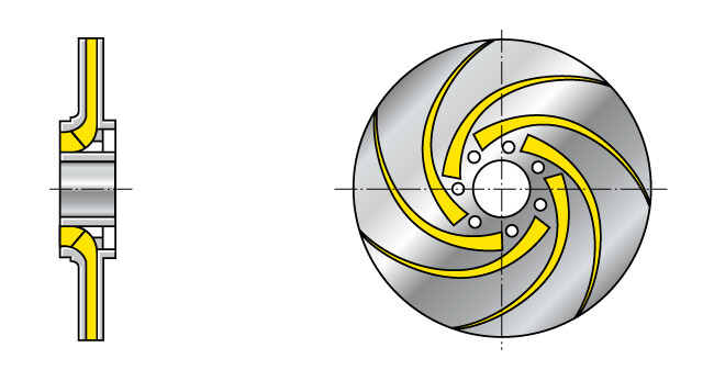 Gbr. 2 Impeller: Impeller radial dengan baling-baling memanjang ke mata hisap (ditunjukkan dengan selubung depan dilepas)