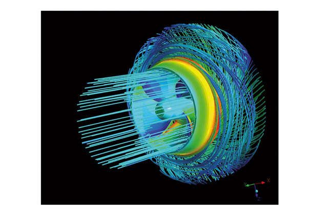 Fig. 1 Computational Fluid Dynamics: Visualisation of the impeller flow with streamlines (CFD simulation)