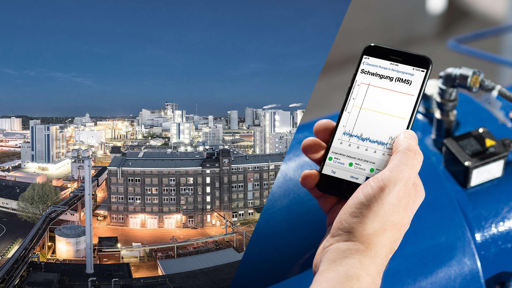 Der Industriepark Wiesbaden von oben bei Nacht sowie KSB Guard Daten auf einem Smartphone.