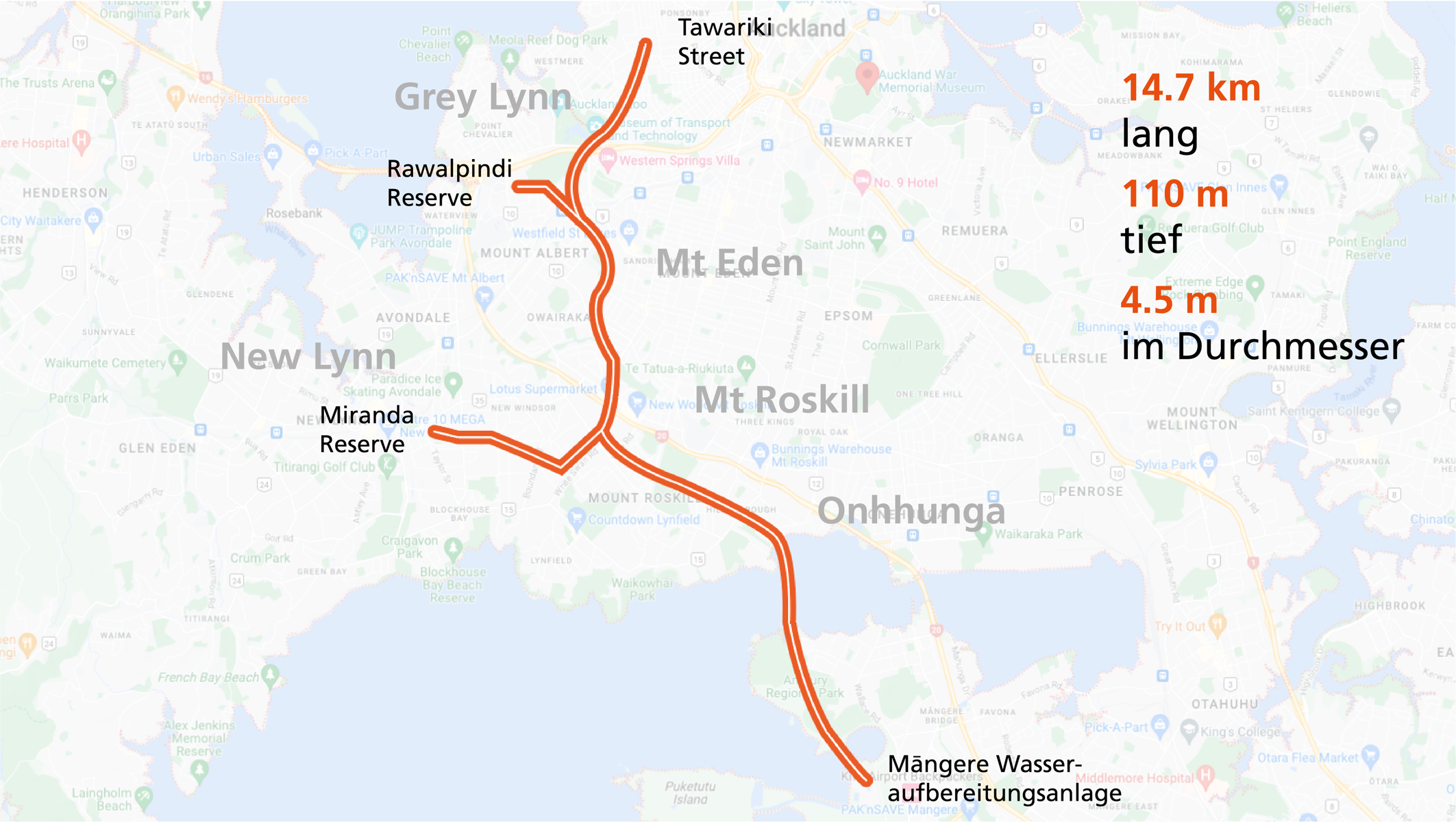 Der Central Interceptor-Tunnel in Auckland soll bei Starkregen Wassermassen aus der größten Stadt Neuseelands leiten. Karte Central Interceptor-Tunnels in Auckland