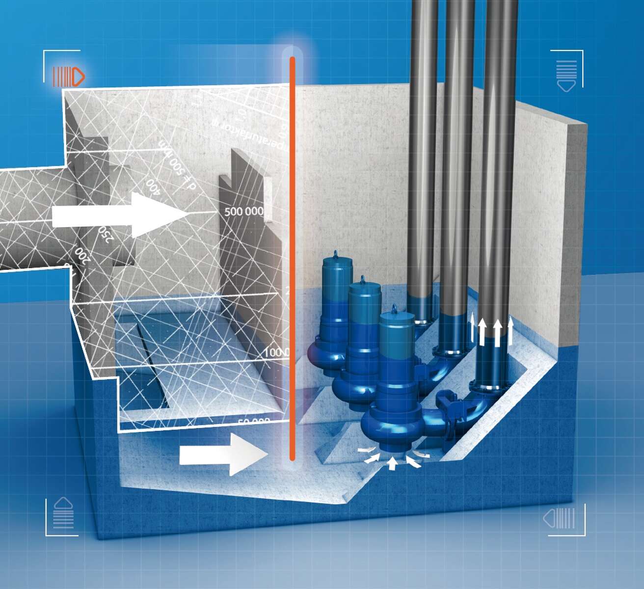 Stilisierte Darstellung einer Population von KSB Amarex KRT Tauchmotorpumpen im Einsatz