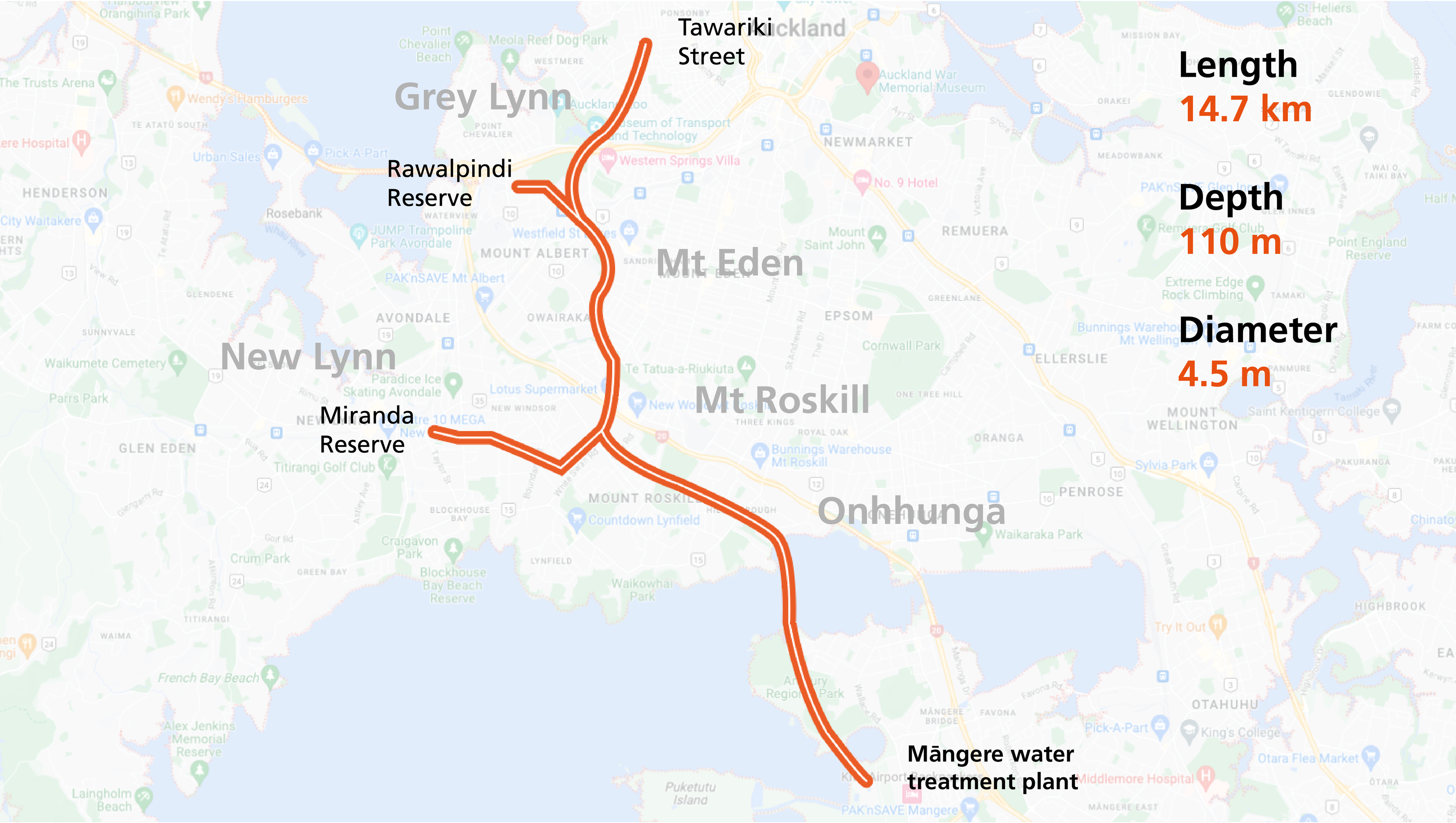 Map of the Central Interceptor tunnel in Auckland
