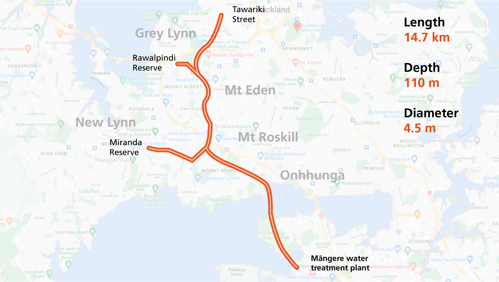 The Central Interceptor tunnel in Auckland is designed to channel water masses out of New Zealand's largest city during heavy rainfall. Map of the Central Interceptor tunnel in Auckland
