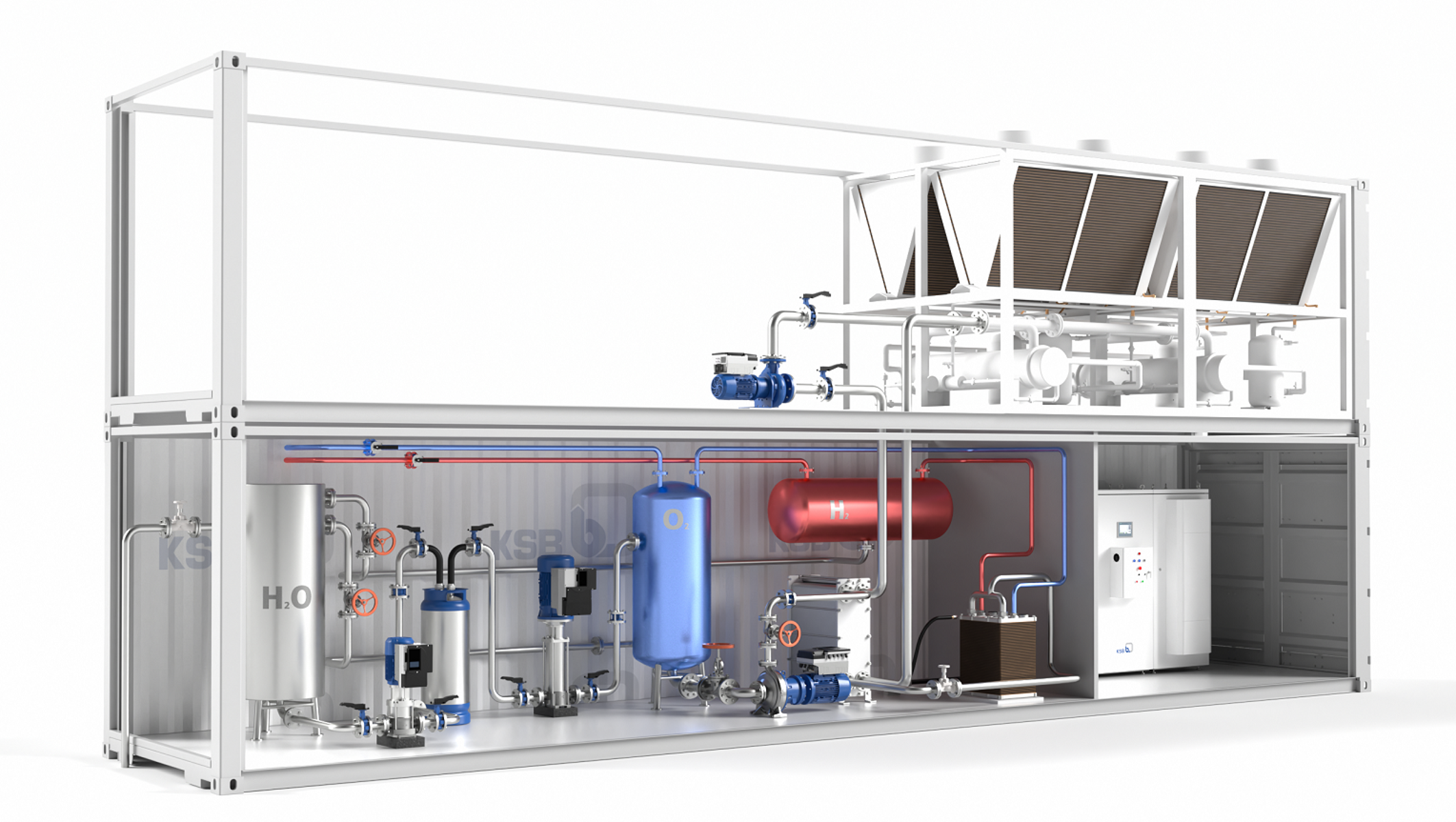 Rendered image of a hydrogen electrolyser as a container solution with KSB pumps and valves