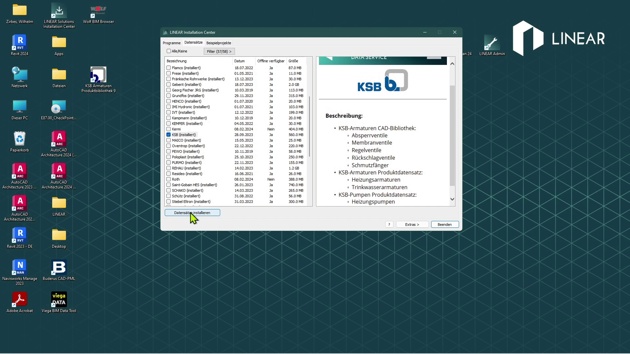 Auswahl eines KSB-Produktdatensatzes in LINEAR CAD