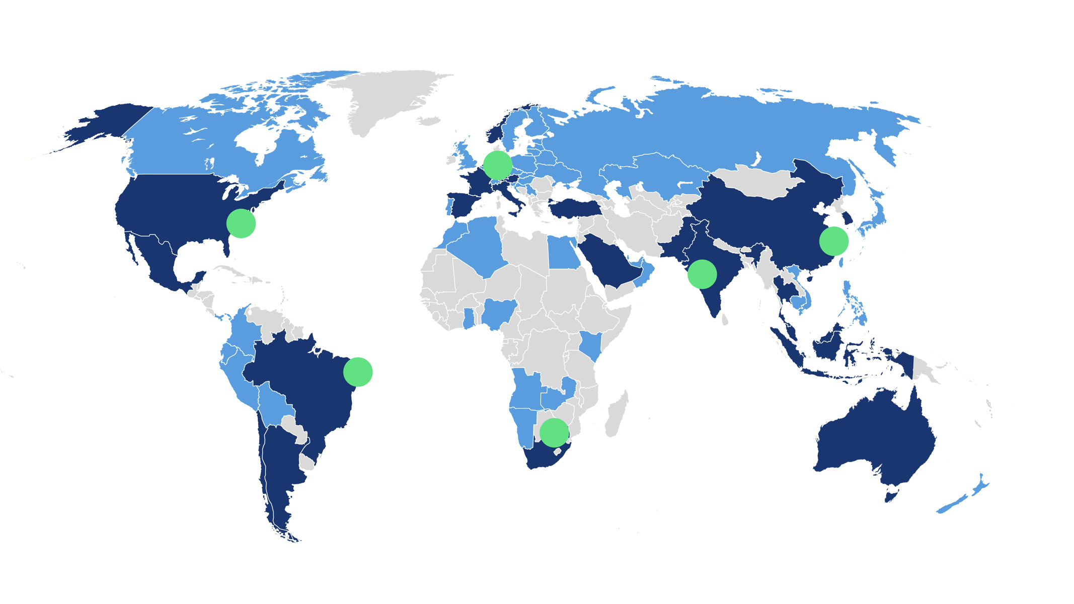 A world map showing the six locations of KSB’s spare parts warehouses