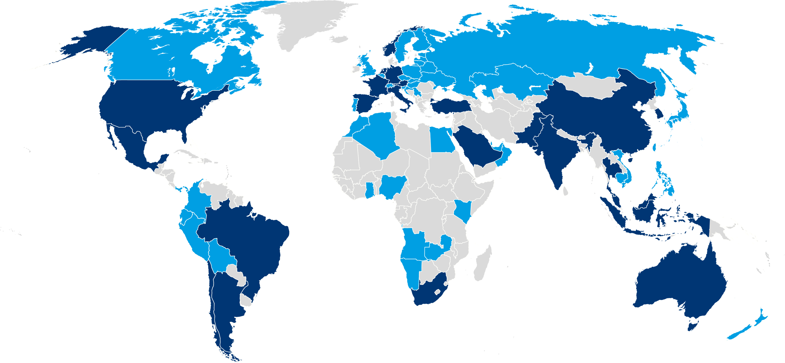Eine Weltkarte, auf der Länder, in denen KSB aktiv ist, farbig hervorgehoben sind.