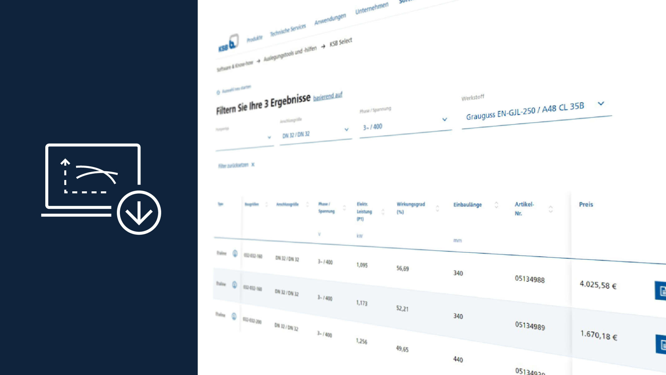 Übersicht über eine Tabelle mit Produktvorschlägen, Artikelnummern und Preisen.