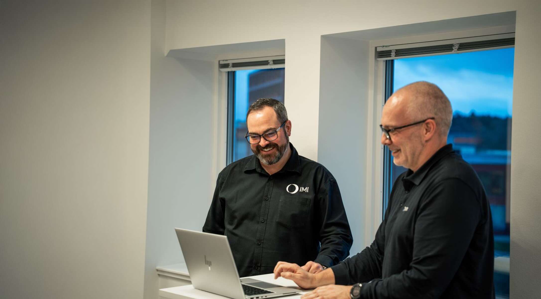 Två män diskuterar vid en dator