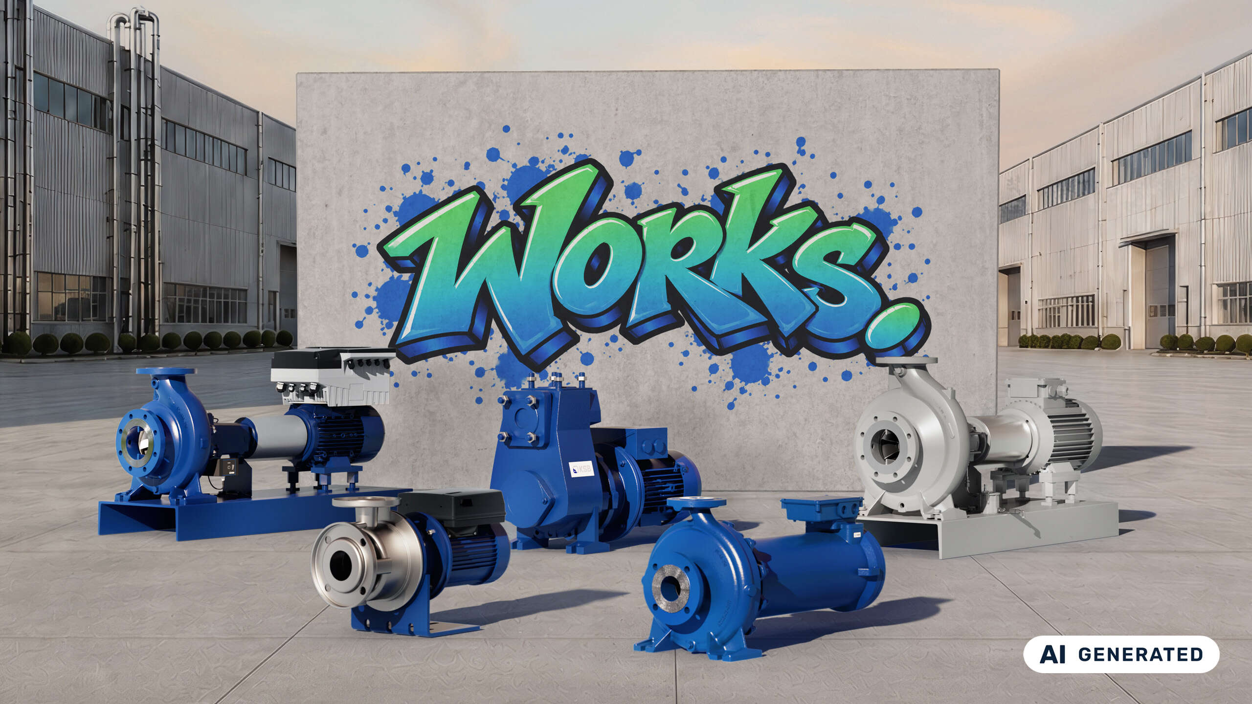 KSB Eta pumps in front of a wall with the graffiti "Works"; an industrial plant in the backround. (Motive AI-generated)
