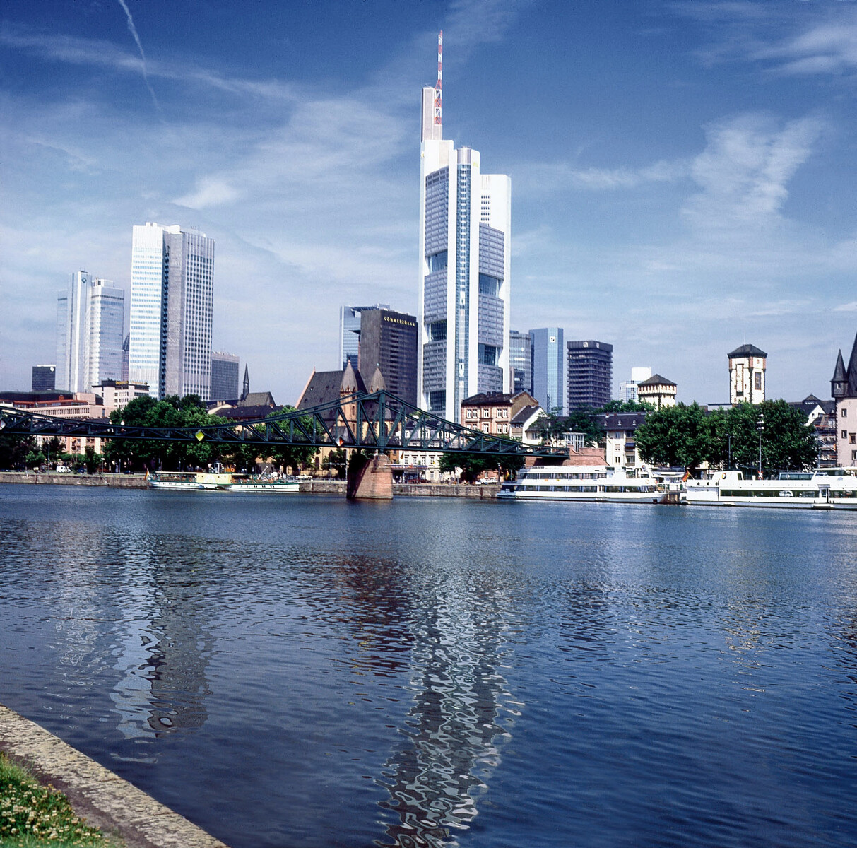 Skyline of a city located at a river bank