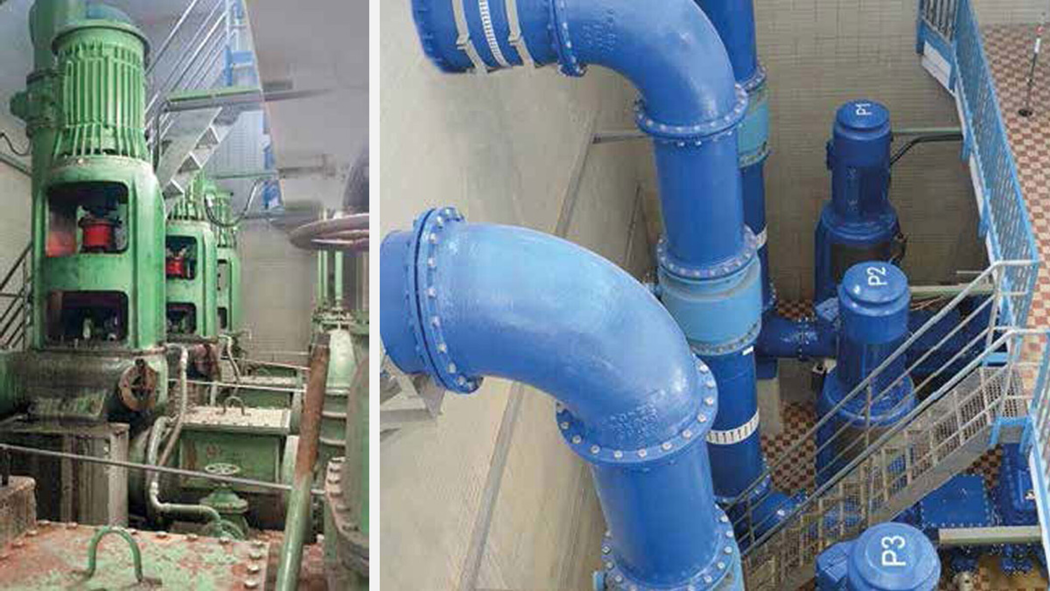 Condition of the pumping station before work started (left) and the completed system (right)