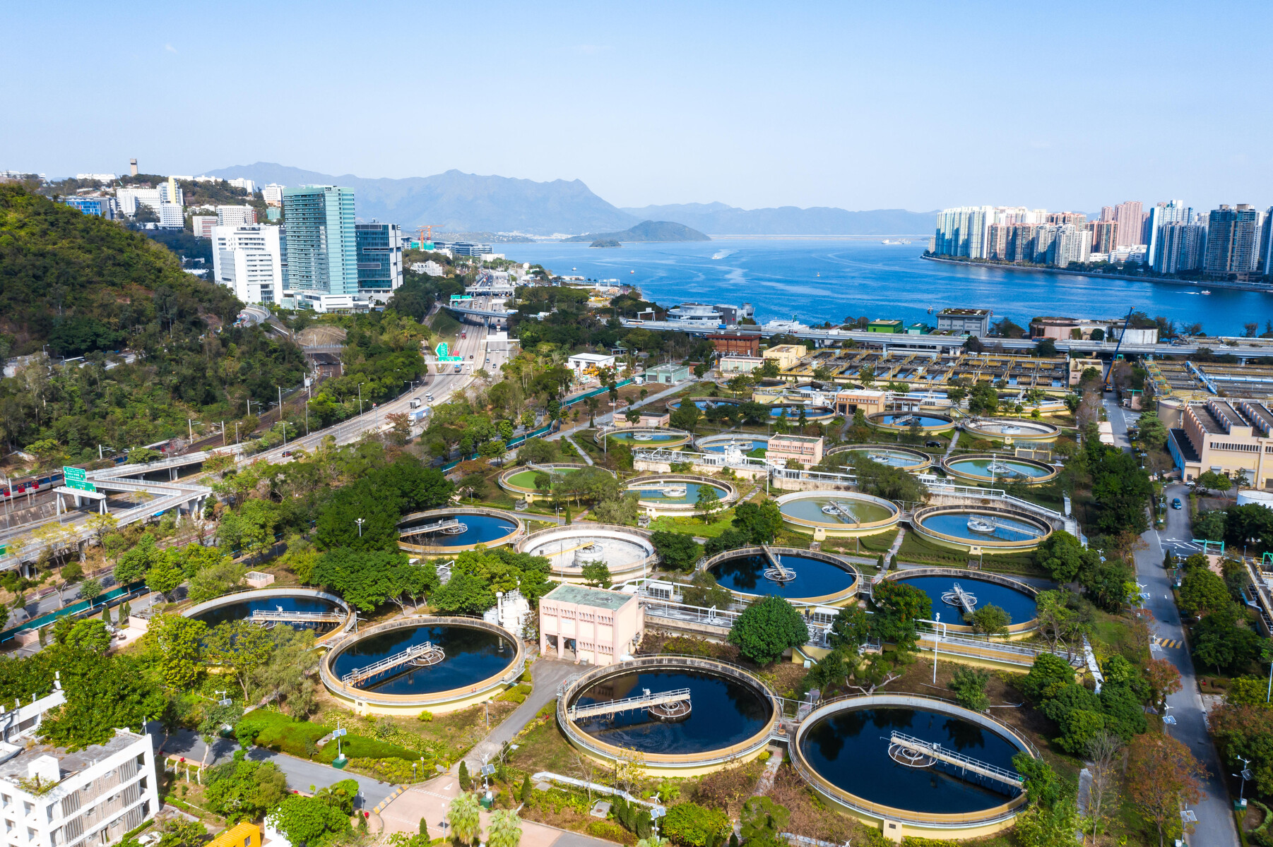 Aerial photo of a waste water treatment plant