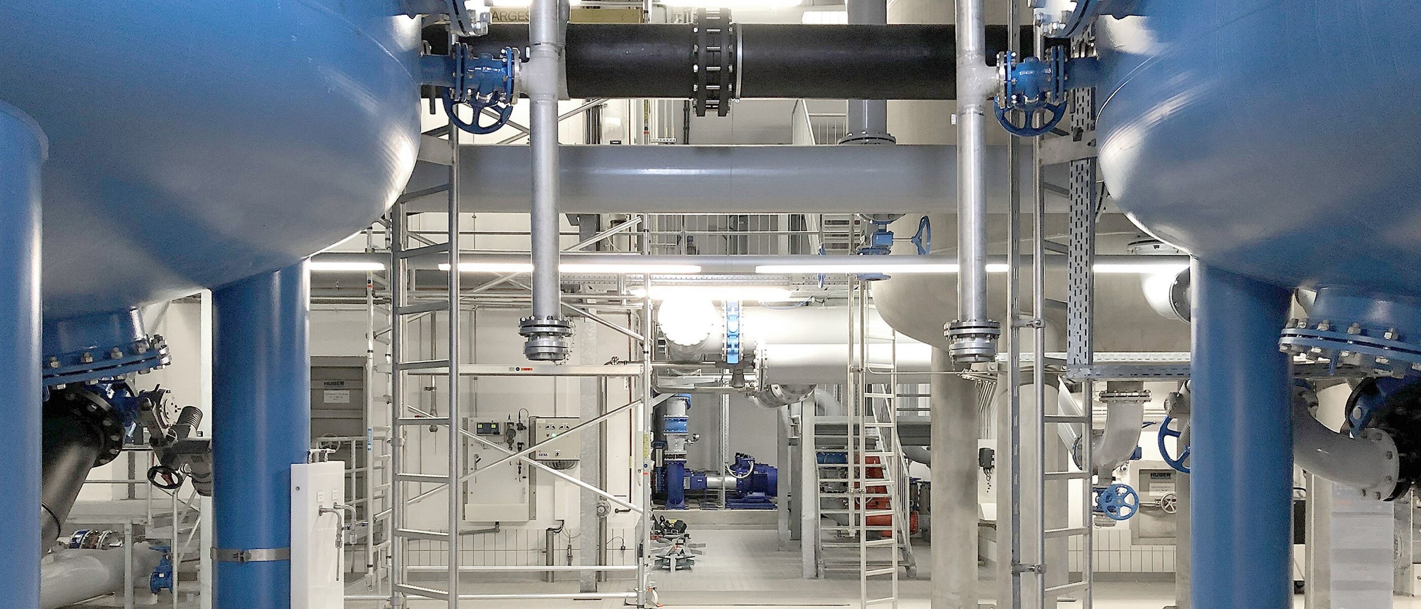 Filter vessels, pipes and valves in the technical installation building of the central “Krug von Nidda” waterworks