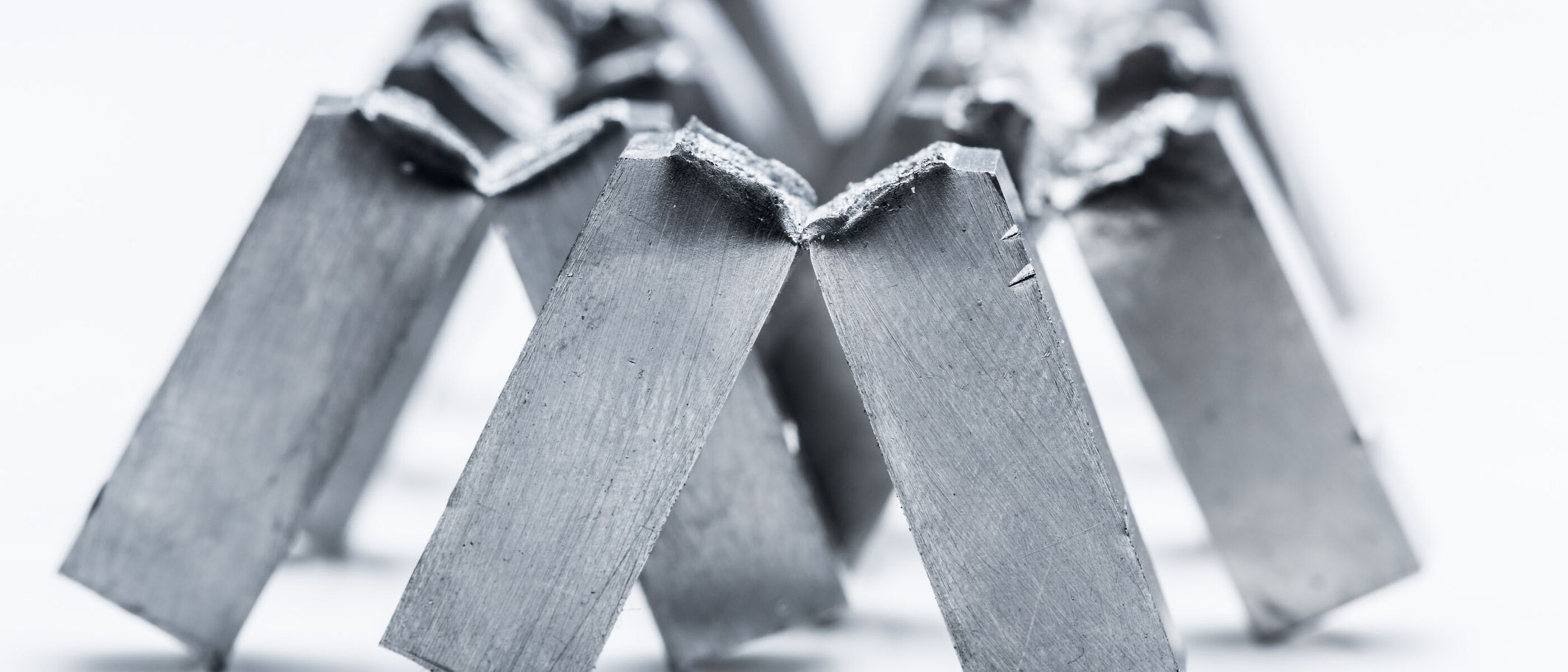 Steel specimens following mechanical materials testing by means of a notched bar impact bending test.