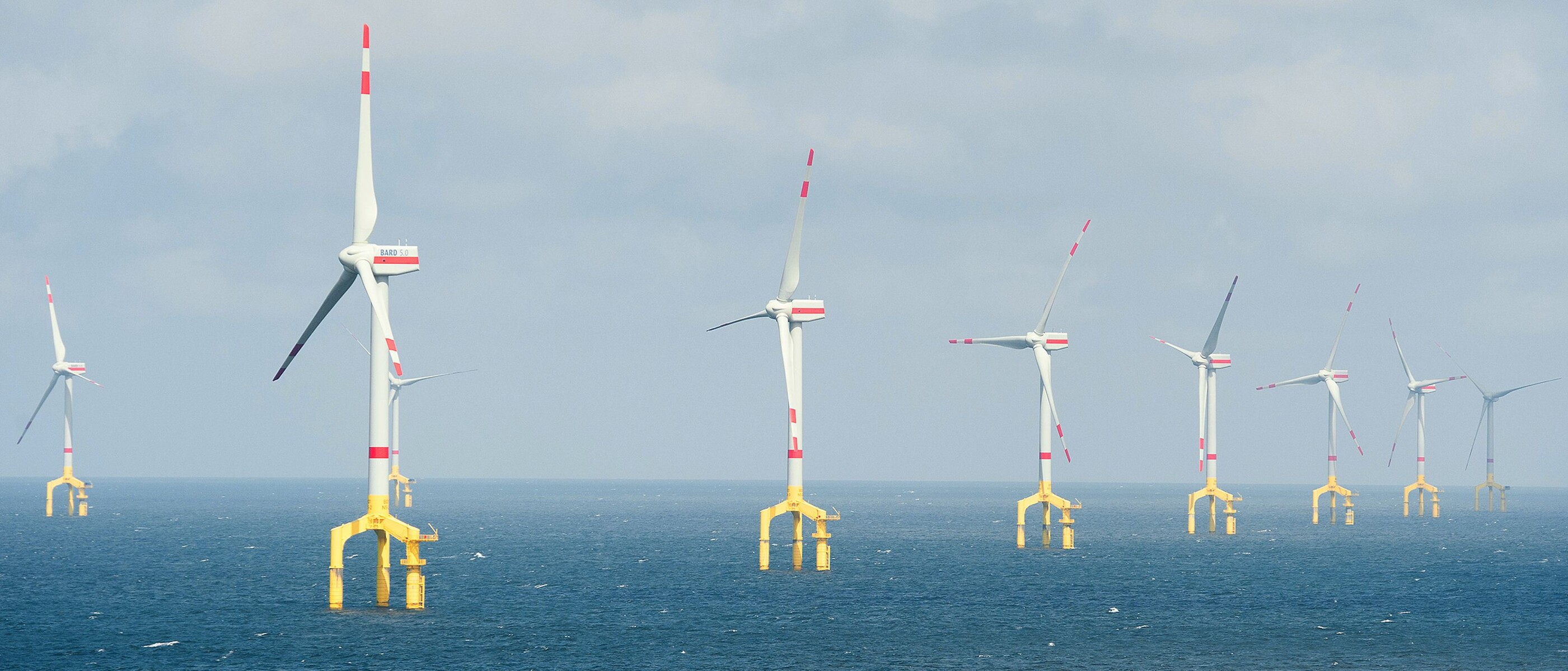 Several wind turbines of the BARD Offshore1 wind park in the North Sea