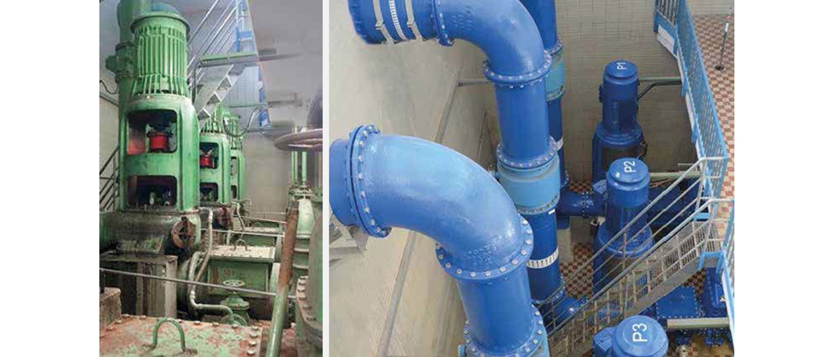 Condition of the pumping station before work started (left) and the completed system (right)