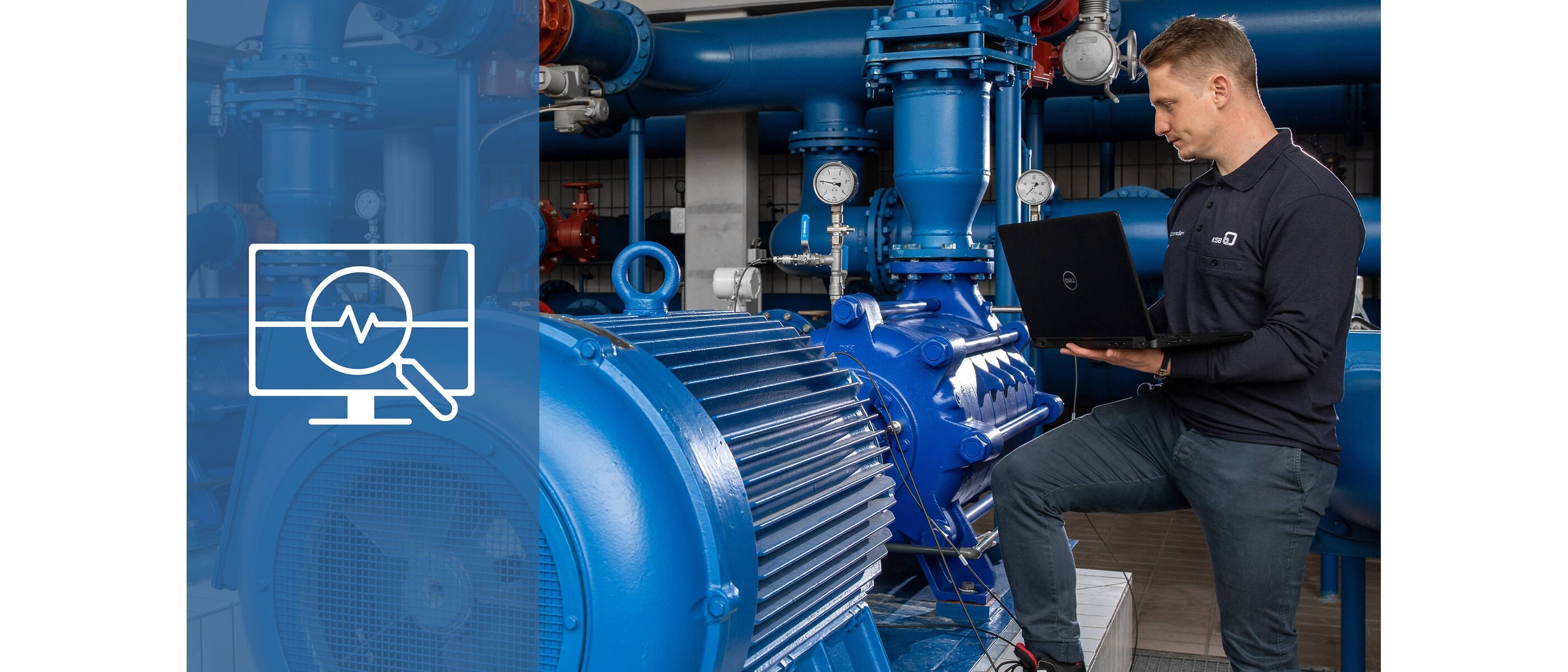 Service engineer with laptop connected to a pump